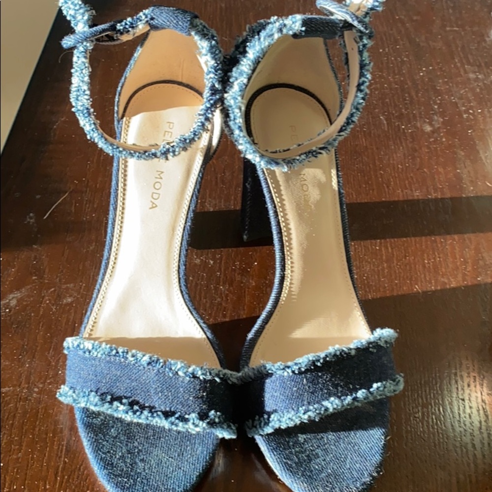Price Drop:Worn 1x Pelle Moda denim fringe heels 6